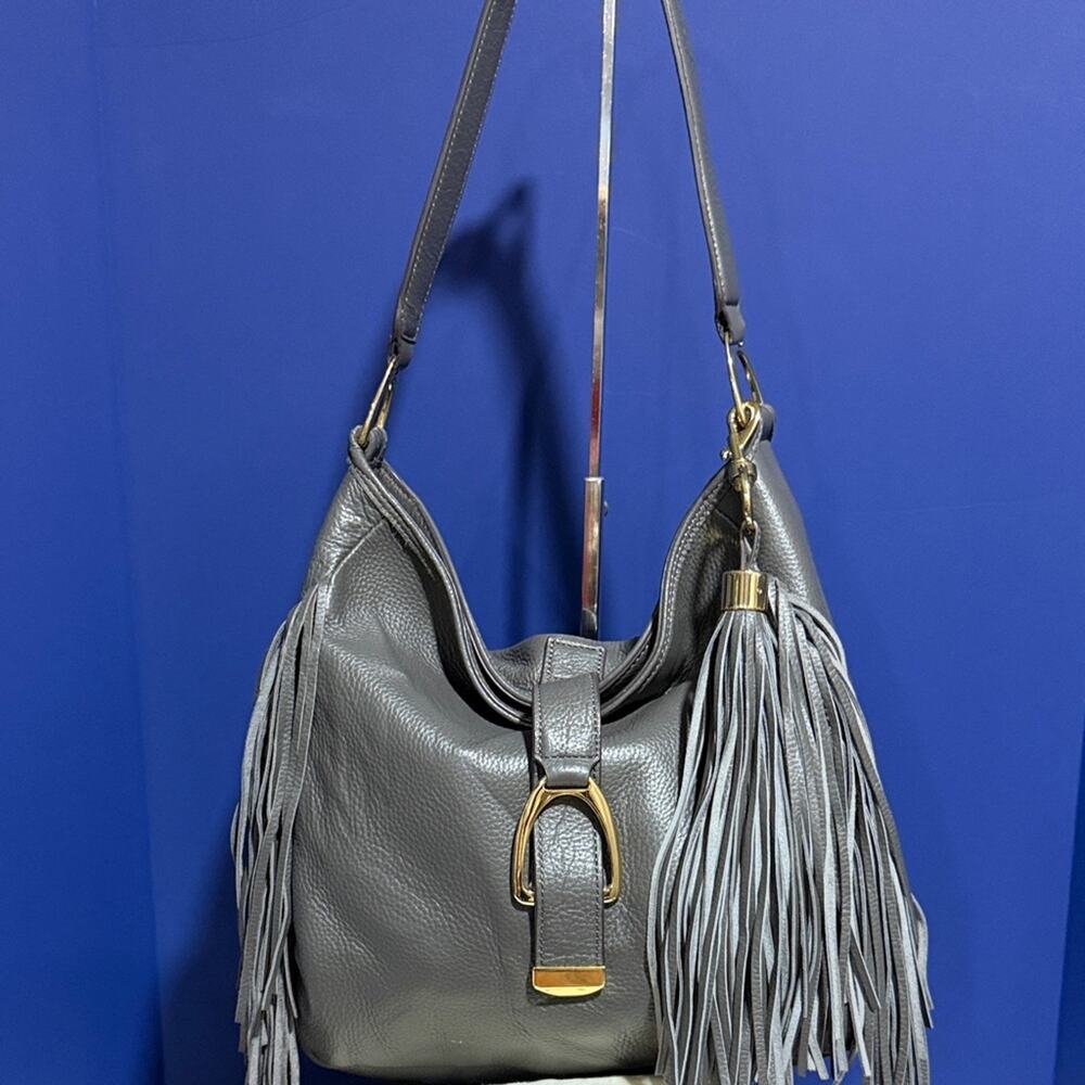 G.I.L.I. Womens Hobo Shoulder Purse Grey Italian Leather Stirrup
